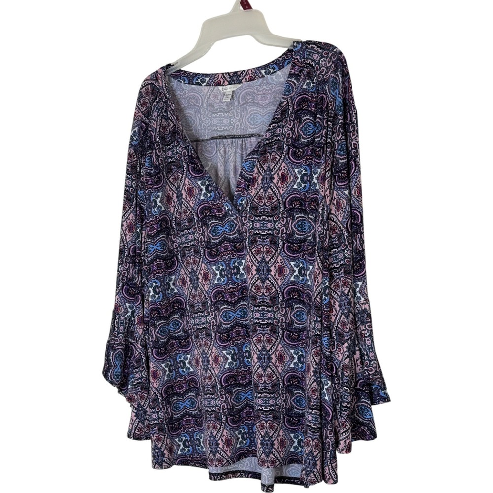 Cato Plus Size 26 28W Paisley Bell Sleeve V Neck Blouse Top Kightweight Casual - Picture 6 of 12